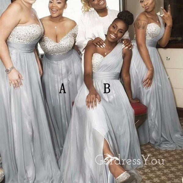 A-line Mismatched Silver Chiffon Beaded Long Custom Bridesmaid Dresses, BN1143