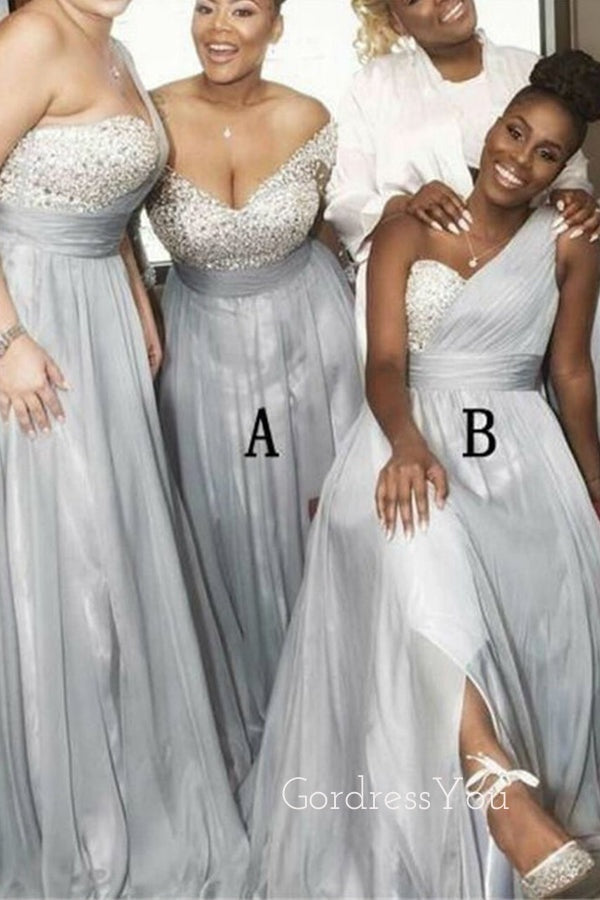 A-line Mismatched Silver Chiffon Beaded Long Custom Bridesmaid Dresses, BN1143