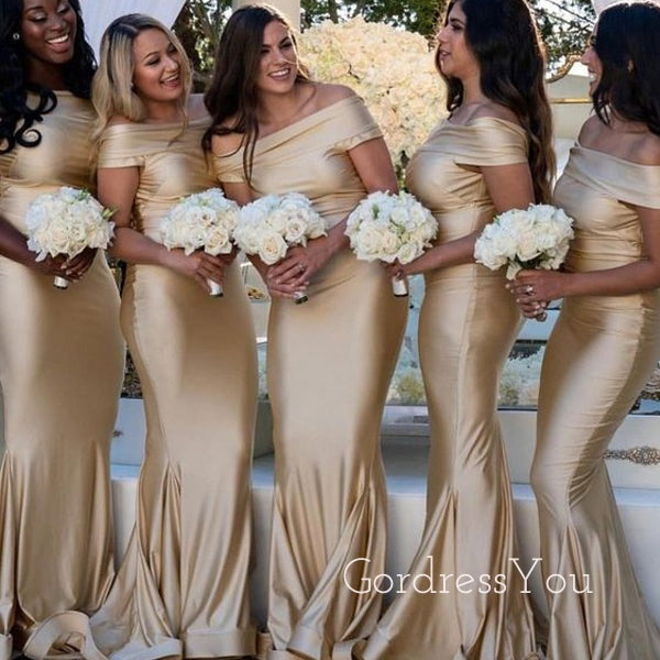 Off Shoulder Mermaid Gold Satin Long Custom Bridesmaid Dresses , BN1144