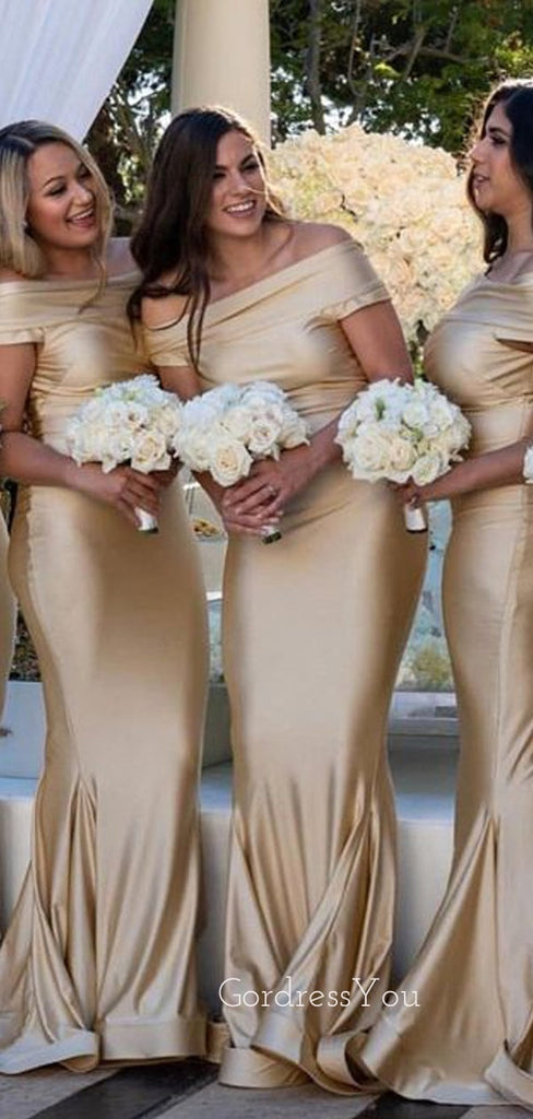 Off Shoulder Mermaid Gold Satin Long Custom Bridesmaid Dresses , BN1144