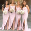 Pink Spaghetti Straps Mermaid Long Side Slit Custom Bridesmaid Dresses , BN1145