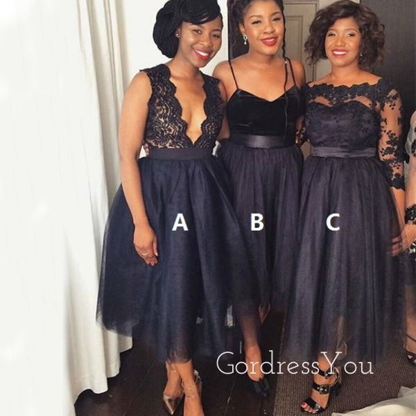 Dark Navy Tulle Lace Mismatched Long Custom Bridesmaid Dresses , BN1147