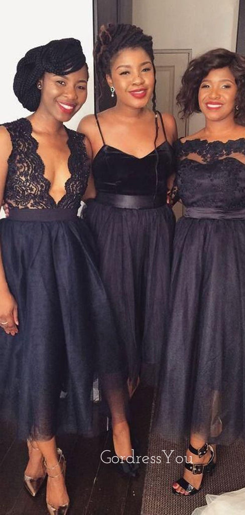 Dark Navy Tulle Lace Mismatched Long Custom Bridesmaid Dresses , BN1147