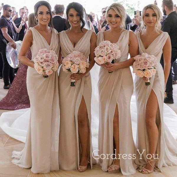 Champagne Chiffon Side Slit Long Custom Bridesmaid Dresses , BN1148