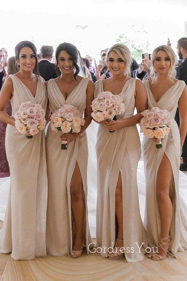 Champagne Chiffon Side Slit Long Custom Bridesmaid Dresses , BN1148