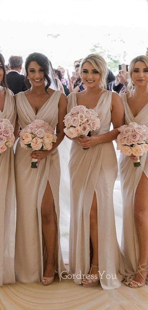 Champagne Chiffon Side Slit Long Custom Bridesmaid Dresses , BN1148