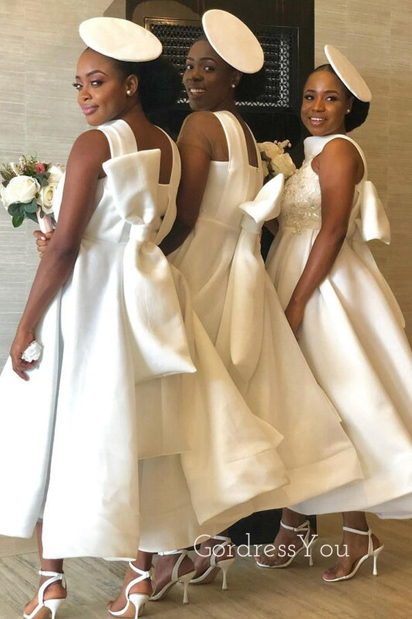 A-line White Satin High Neck Custom Bridesmaid Dresses , BN1152