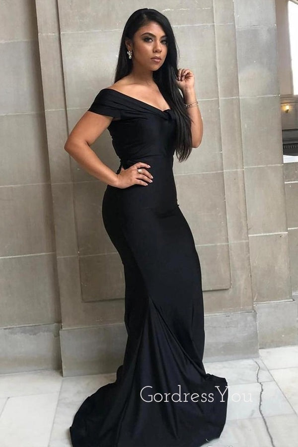 Off Shoulder Black Satin Long Mermaid Custom Bridesmaid Dresses , BN1153