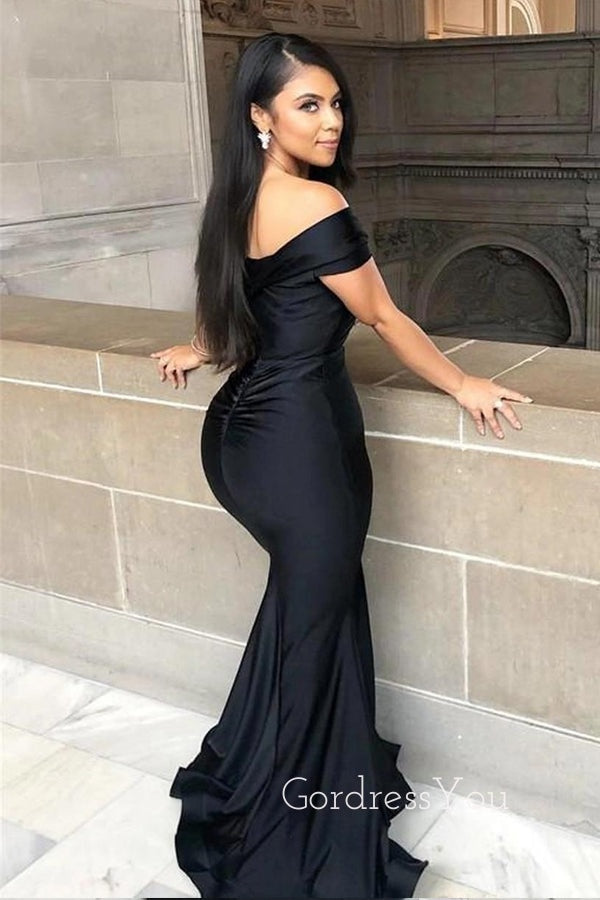 Off Shoulder Black Satin Long Mermaid Custom Bridesmaid Dresses , BN1153