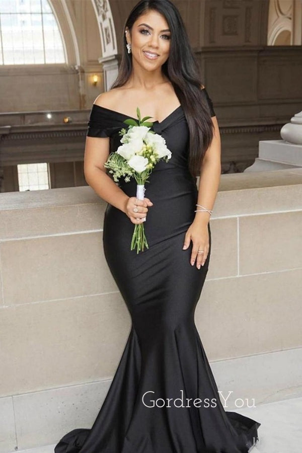 Off Shoulder Black Satin Long Mermaid Custom Bridesmaid Dresses , BN1153