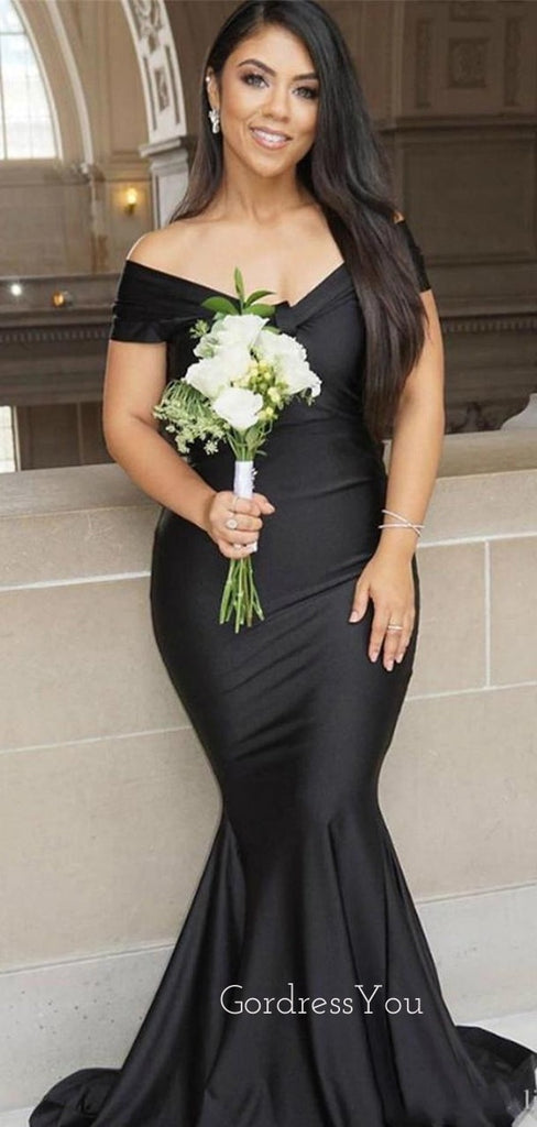 Off Shoulder Black Satin Long Mermaid Custom Bridesmaid Dresses , BN1153