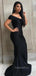 Off Shoulder Black Satin Long Mermaid Custom Bridesmaid Dresses , BN1153