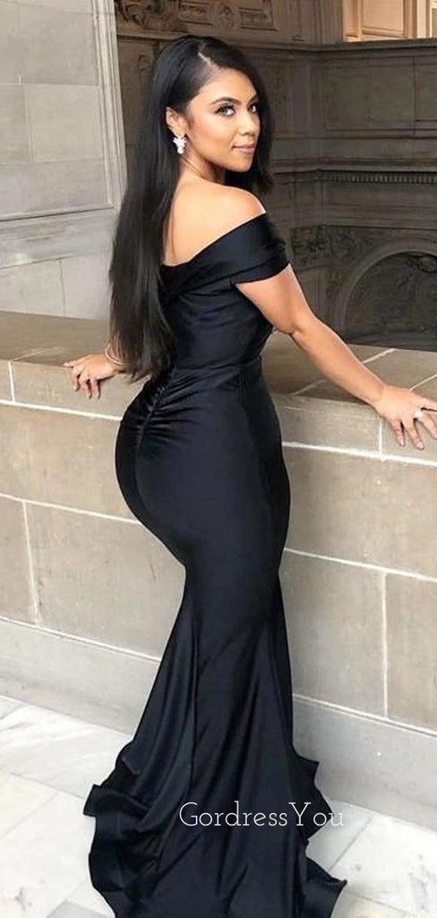 Off Shoulder Black Satin Long Mermaid Custom Bridesmaid Dresses , BN1153