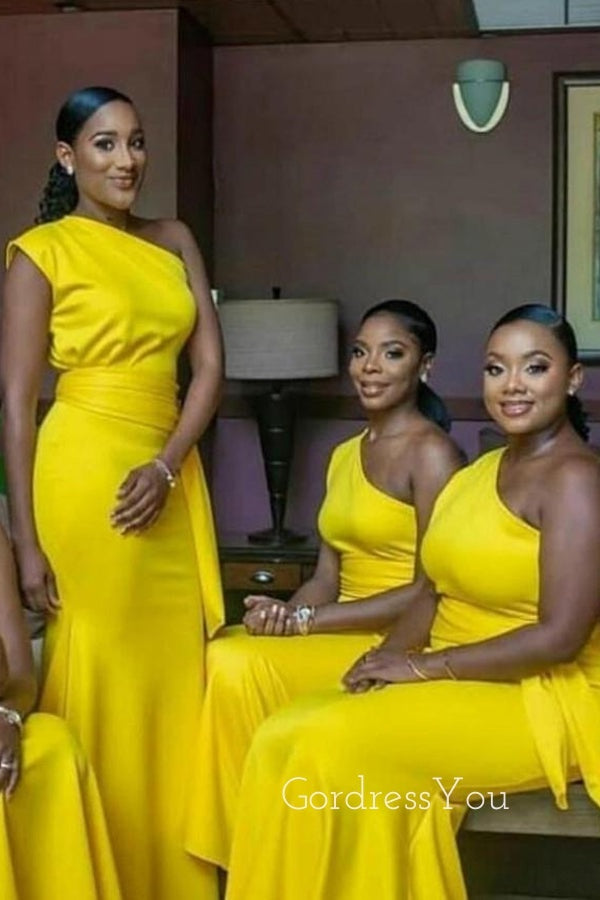 One Shoulder Yellow Long Mermaid Custom Bridesmaid Dresses , BN1155