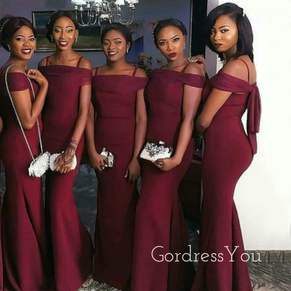 Spaghetti Straps Burgundy Long Mermaid Custom Bridesmaid Dresses , BN1167