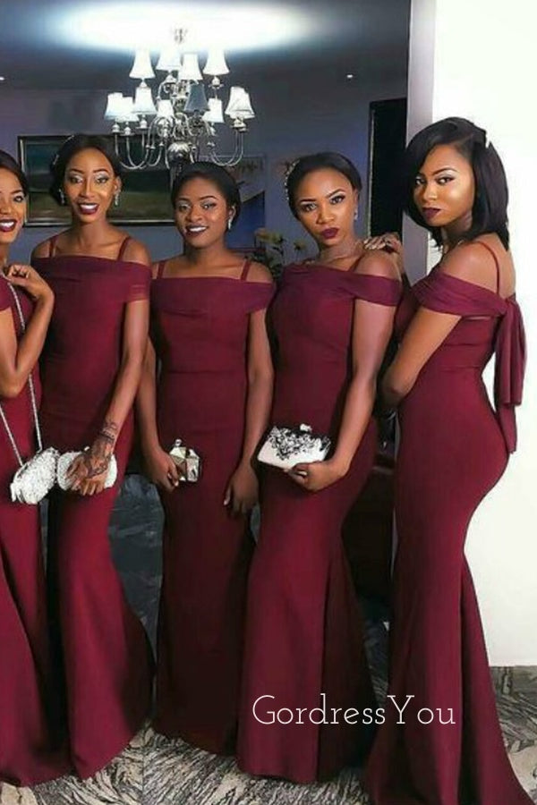 Spaghetti Straps Burgundy Long Mermaid Custom Bridesmaid Dresses , BN1167