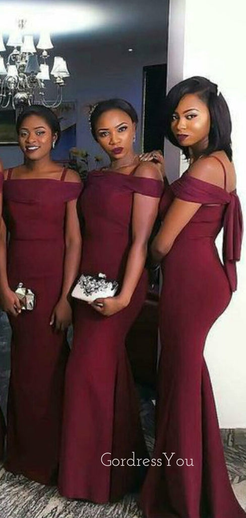 Spaghetti Straps Burgundy Long Mermaid Custom Bridesmaid Dresses , BN1167