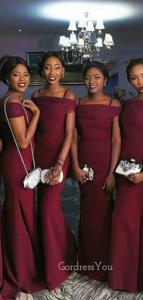 Spaghetti Straps Burgundy Long Mermaid Custom Bridesmaid Dresses , BN1167