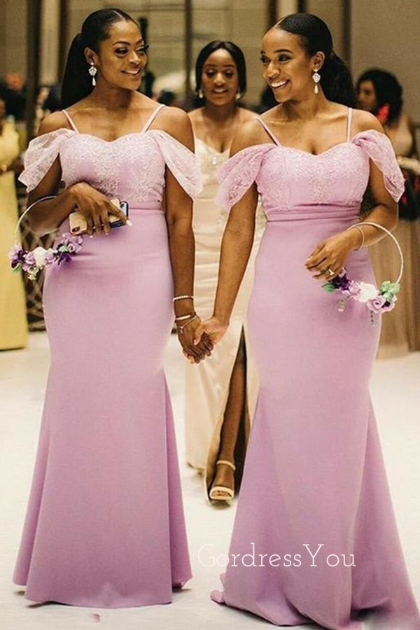 Off Shoulder Spaghetti Straps Purple Long Mermaid Custom Bridesmaid Dresses , BN1169