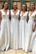 Simple A-line Deep V-neck White Long Custom Bridesmaid Dresses , BN1171