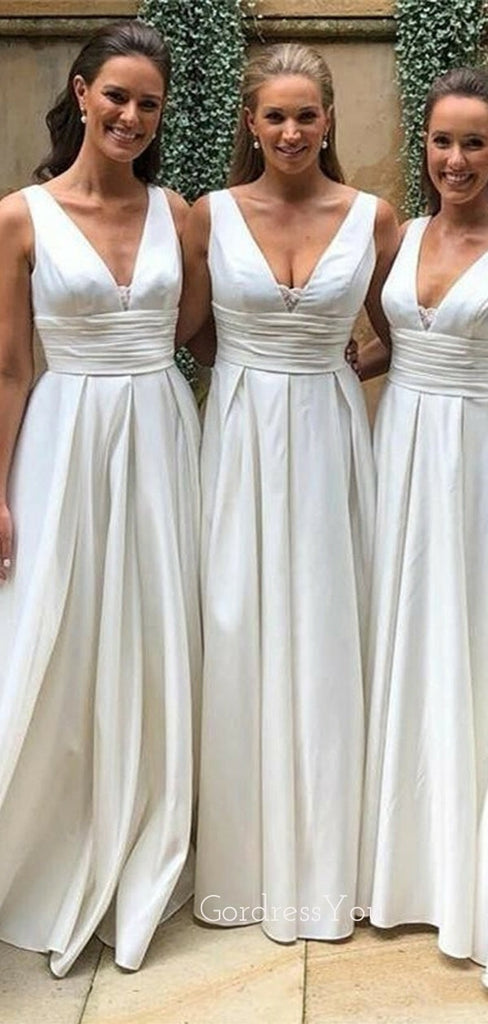 Simple A-line Deep V-neck White Long Custom Bridesmaid Dresses , BN1171