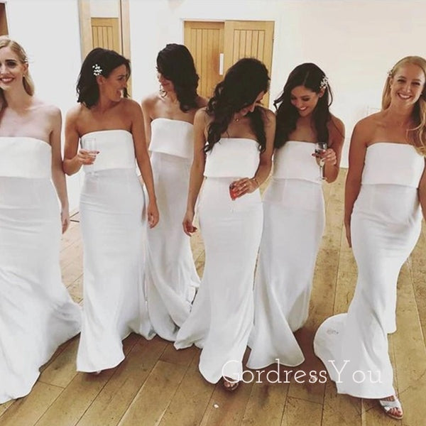 Simple Strapless White Long Mermaid Custom Bridesmaid Dresses , BN1174