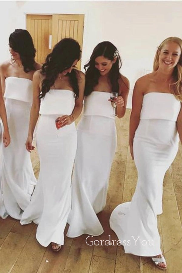 Simple Strapless White Long Mermaid Custom Bridesmaid Dresses , BN1174