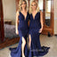 Sexy Deep V-neck Navy Blue Long Mermaid Side Slit Custom Bridesmaid Dresses , BN1176