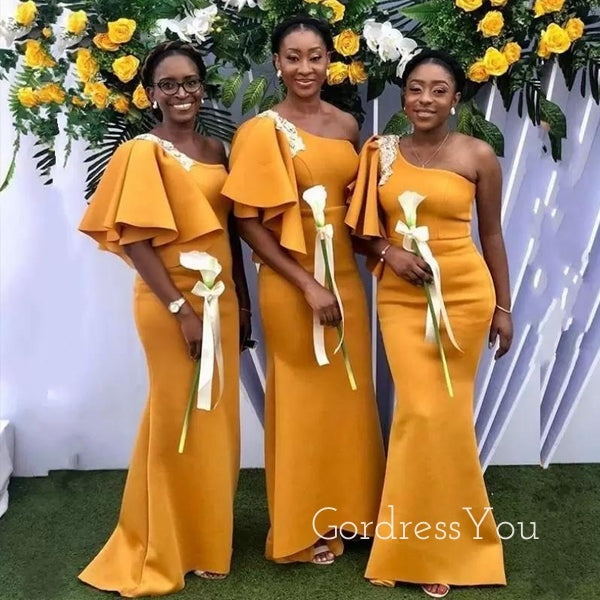 One Shoulder Orange Long Mermaid Custom Bridesmaid Dresses , BN1177