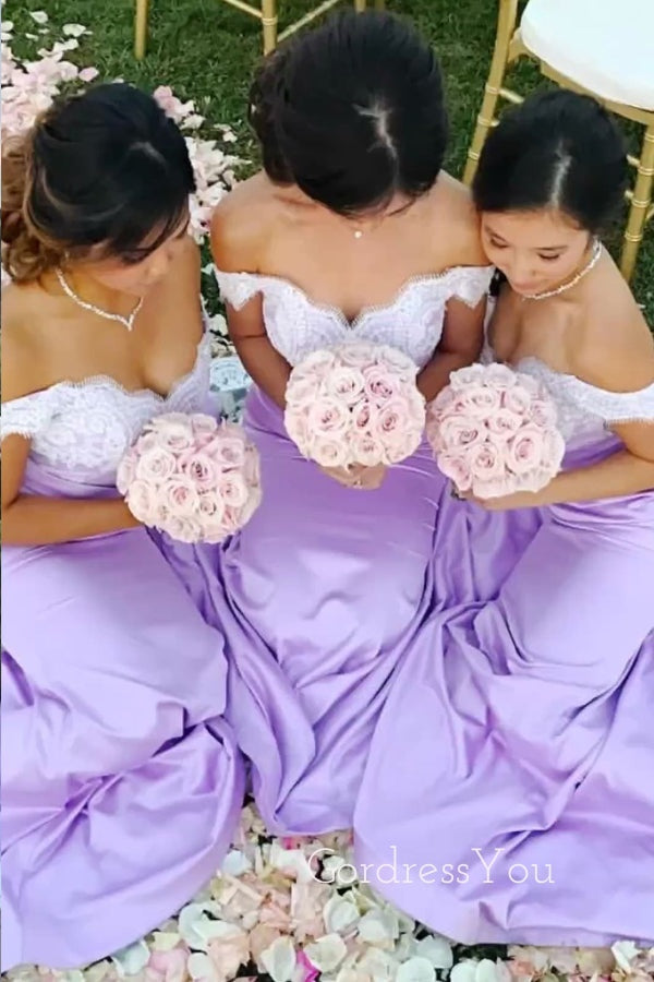 Lavender Satin Off Shoulder Appliques Long Mermaid Custom Bridesmaid Dresses , BN1179