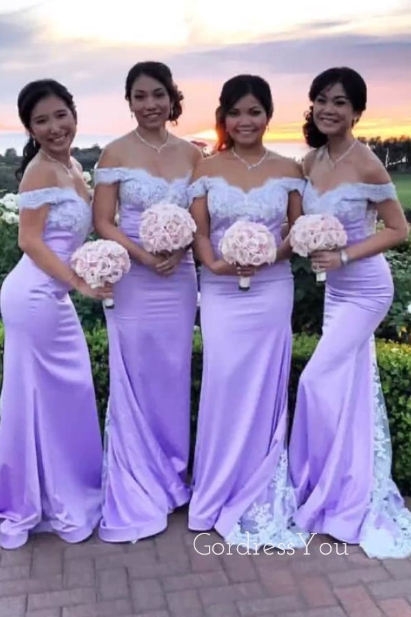 Lavender Satin Off Shoulder Appliques Long Mermaid Custom Bridesmaid Dresses , BN1179