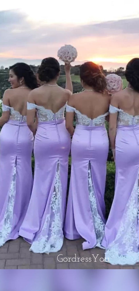 Lavender Satin Off Shoulder Appliques Long Mermaid Custom Bridesmaid Dresses , BN1179