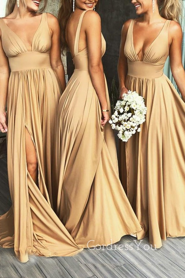 A-line Deep V-neck Long Side Slit Custom Bridesmaid Dresses , BN1181