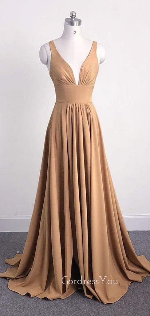 A-line Deep V-neck Long Side Slit Custom Bridesmaid Dresses , BN1181