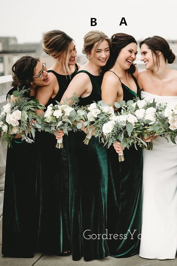 Simple Dark Green Velvet Mismatched Long Custom Bridesmaid Dresses , BN1186