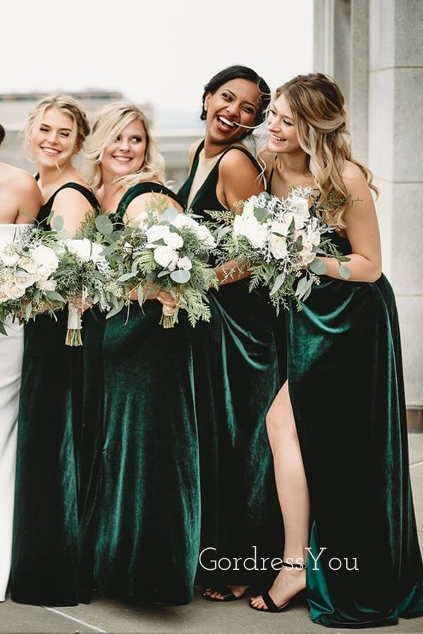 Simple Dark Green Velvet Mismatched Long Custom Bridesmaid Dresses , BN1186