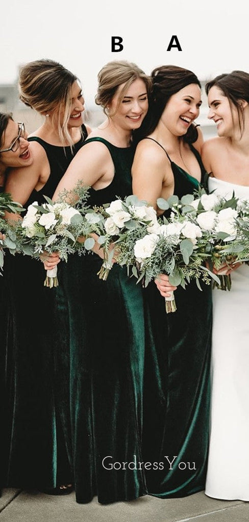 Simple Dark Green Velvet Mismatched Long Custom Bridesmaid Dresses , BN1186