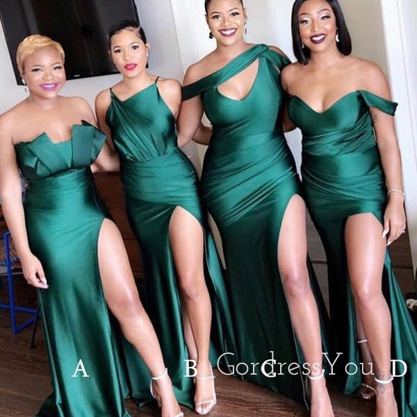 Mismatched Dark Green Satin Side Slit Long Mermaid Custom Bridesmaid Dresses , BN1187