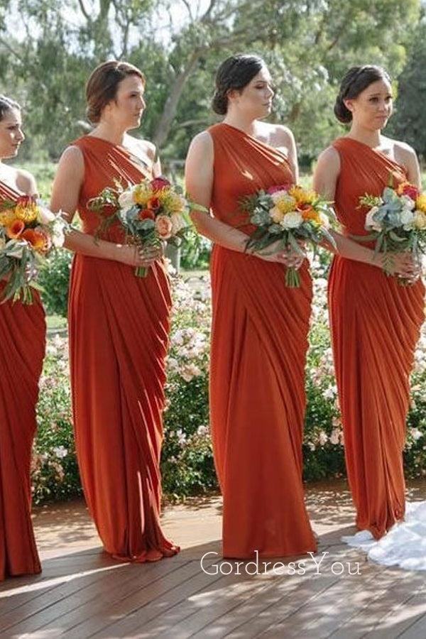 One Shoulder Burnt Orange Chiffon Long Custom Bridesmaid Dresses , BN1188