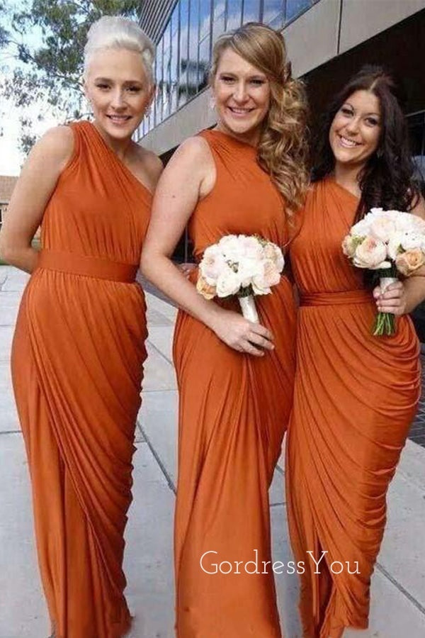 One Shoulder Burnt Orange Chiffon Long Custom Bridesmaid Dresses , BN1188