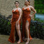 Spaghetti Straps Burnt Orange Satin Long Custom Bridesmaid Dresses , BN1189