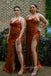 Spaghetti Straps Burnt Orange Satin Long Custom Bridesmaid Dresses , BN1189