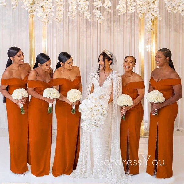 Off Shoulder Burnt Orange Mermaid Long Custom Bridesmaid Dresses , BN1192