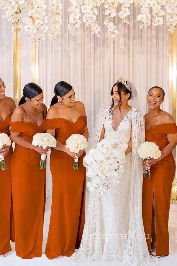 Off Shoulder Burnt Orange Mermaid Long Custom Bridesmaid Dresses , BN1192