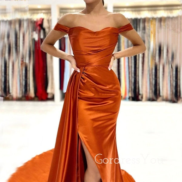 Burnt Orange Satin Off Shoulder Mermaid Long Side Slit Custom Bridesmaid Dresses , BN1193