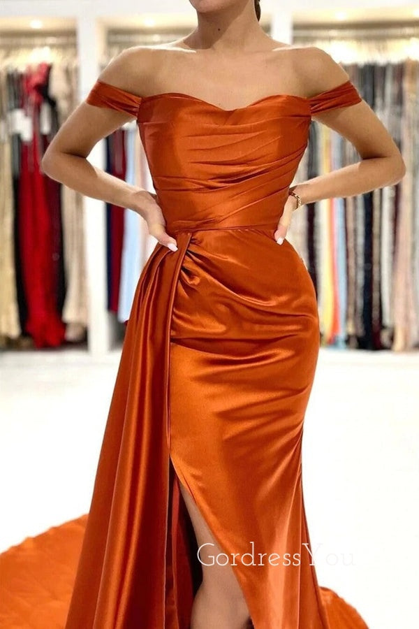 Burnt Orange Satin Off Shoulder Mermaid Long Side Slit Custom Bridesmaid Dresses , BN1193