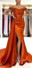 Burnt Orange Satin Off Shoulder Mermaid Long Side Slit Custom Bridesmaid Dresses , BN1193