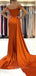 Burnt Orange Satin Off Shoulder Mermaid Long Side Slit Custom Bridesmaid Dresses , BN1193