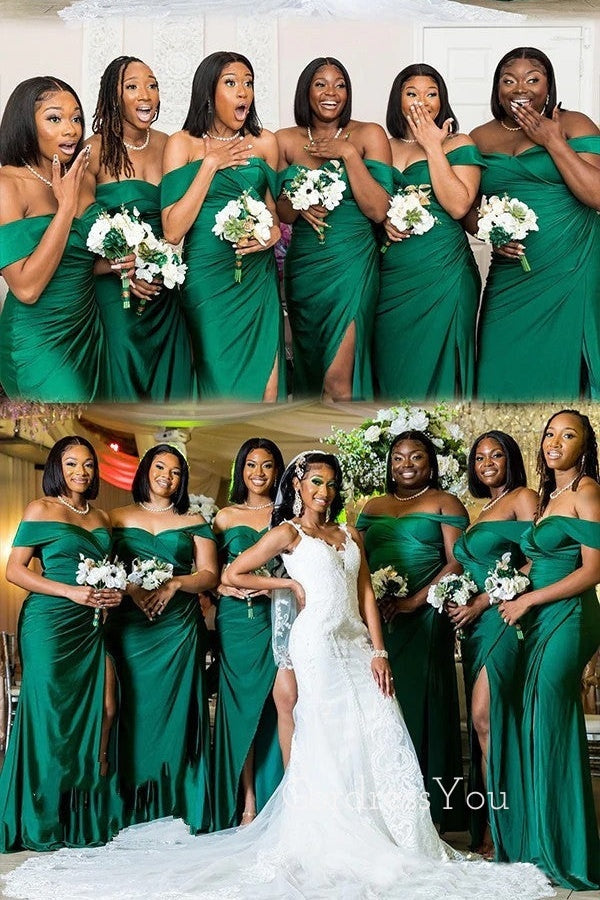 Off Shoulder Dark Green Sheath Long Side Slit Custom Bridesmaid Dresses , BN1201