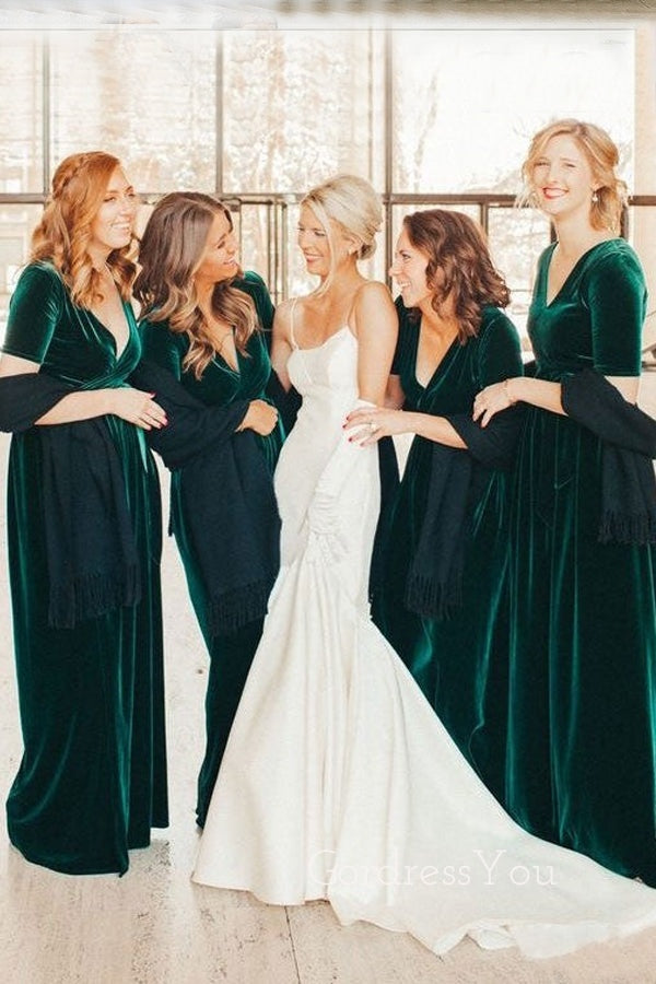 Simple Dark Green Velvet Half Sleeves Long V-neck Custom Bridesmaid Dresses , BN1202